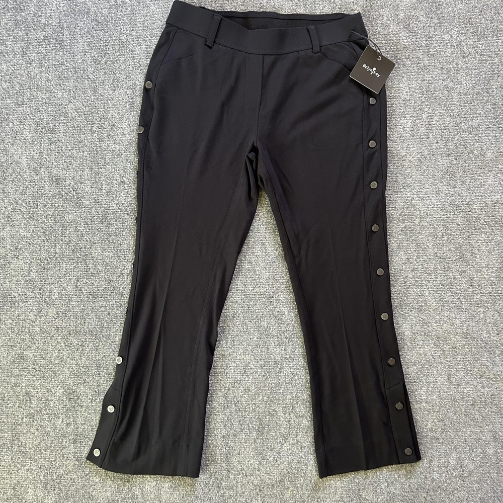 Belyn Key Pants Womens Large Onyx Black Commuter Snap Crop Ponte Stretch Travel